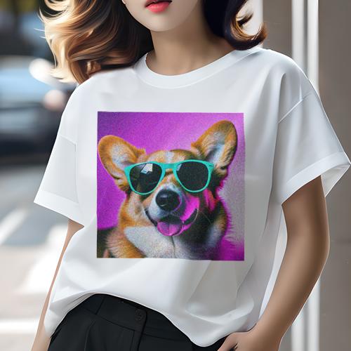 Tシャツ レディース 犬ファン 半袖 春夏 プリント カジュアル かわいい 人間用 フィットネス サングラス コーギー 紫色背景 笑顔 Tシャツ レディース 犬ファン 半袖 春夏 プリント カジュアル かわいい 人間用 フィットネス サングラス コーギー 紫色背景 笑顔