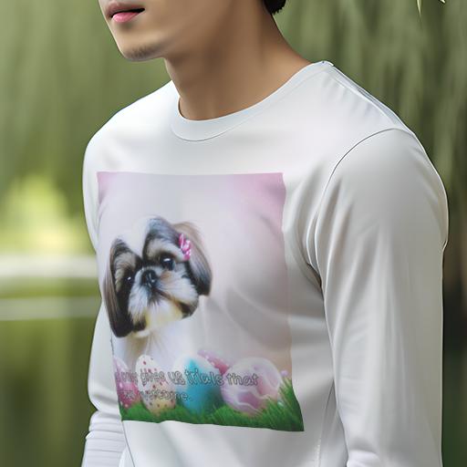 長袖Tシャツ 人間用 メンズ 秋春夏 プリント レジャー アウトドア カジュアル かわいい 犬ファン イースターエッグ シーズー 芝生 ピンクの背景 リボン