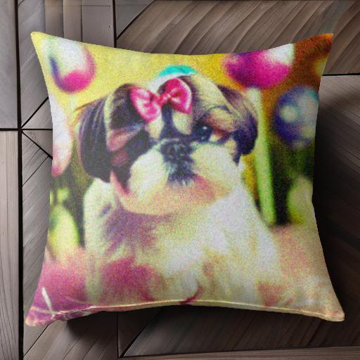 リボン シーズー イースターエッグ カラフル 可愛い クッションカバー 45×45cm アニマル柄 おしゃれ クッション本体付き 正方形 犬ファン