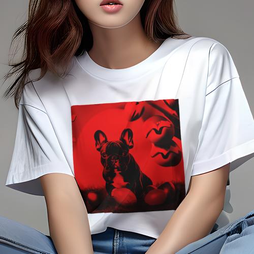 Tシャツ レディース 犬ファン 半袖 春夏 犬柄 プリント カジュアル かわいい 人間用 フィットネス ダンス 赤い背景 フレンチブルドッグ 卵 草(4)