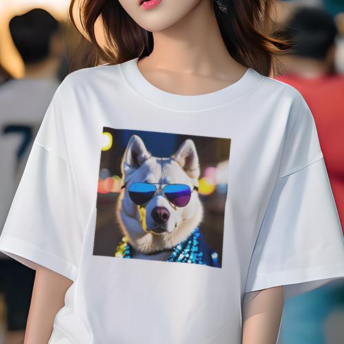 Tシャツ レディース 犬ファン 半袖 春夏 犬柄 プリント カジュアル かわいい 人間用 フィットネス ダンス サングラス シベリアンハスキー ビーズネックレス 夜の街頭 Tシャツ レディース 犬ファン 半袖 春夏 犬柄 プリント カジュアル かわいい 人間用 フィットネス ダンス サングラス シベリアンハスキー ビーズネックレス 夜の街頭