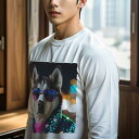 長袖Tシャツ 人間用 メンズ 秋春夏 プリント レジャー アウトドア カジュアル かわいい 犬ファン サングラス シベリアンハスキー 夜景 派手なコート 明かり...