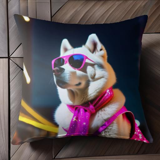サングラス シベリアンハスキー ピンクのスカーフ ネオンライト 夜 クッションカバー 45×45cm アニマル柄 おしゃれ 可愛い クッション本体付き 正方形 犬ファン
