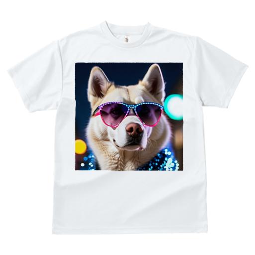 Tシャツ レディース 犬ファン 半袖 春夏 犬柄 プリント カジュアル かわいい 人間用 フィットネス ダンス サングラス シベリアンハスキー ネオンライト 夜 スパンコール