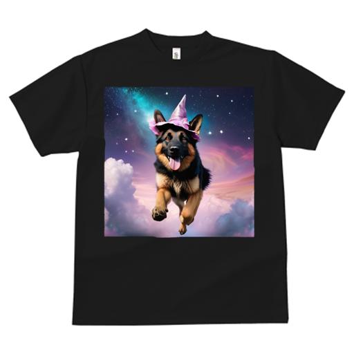 Tシャツ レディース 犬ファン 半袖 春夏 犬柄 プリント カジュアル かわいい 人間用 フィットネス ダンス 魔法の帽子 ジャーマンシェパードドッグ 宇宙 星 雲