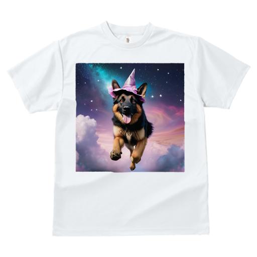Tシャツ レディース 犬ファン 半袖 春夏 犬柄 プリント カジュアル かわいい 人間用 フィットネス ダンス 魔法の帽子 ジャーマンシェパードドッグ 宇宙 星 雲