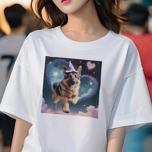 Tシャツ レディース 犬ファン 半袖 春夏 犬柄 プリント カジュアル かわいい 人間用 フィットネス ダンス 帽子 ジャーマンシェパードドッグ 星 ハート 雲 宇宙