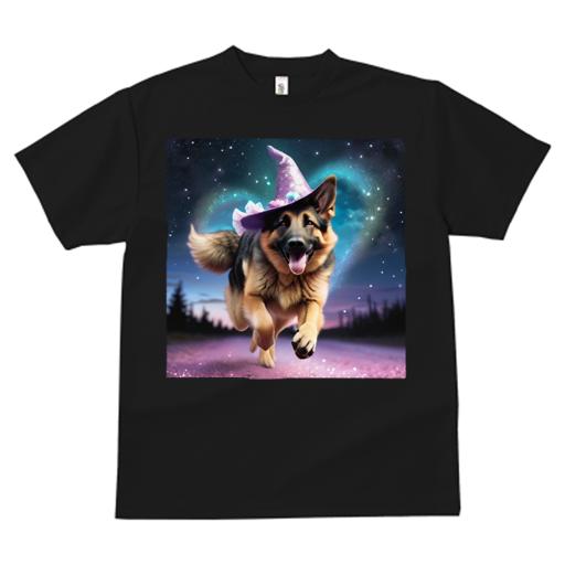 Tシャツ レディース 犬ファン 半袖 春夏 犬柄 プリント カジュアル かわいい 人間用 フィットネス ダンス ハロウィン ジャーマンシェパードドッグ 魔法の帽子 夜空 星 ハート
