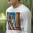 長袖Tシャツ 人間用 メンズ 秋春夏 プリント レジャー アウトドア カジュアル かわいい 犬ファン 鎧 セントバーナード 赤い絨毯 建築物