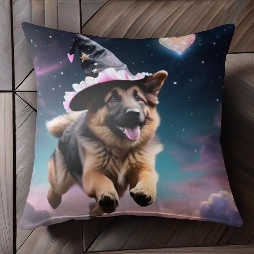 魔女の帽子 ジャーマンシェパード 星 ハート クッションカバー 45×45cm アニマル柄 おしゃれ 可愛い クッション本体付き 正方形 犬ファン