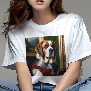 Tシャツ レディース 犬ファン 半袖 春夏 犬柄 プリント カジュアル かわいい 人間用 フィットネス ダンス 絵画 セントバーナード 鎧 室内 美術館 壁