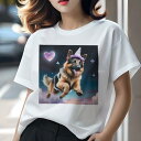 Tシャツ レディース 犬ファン 半袖 春夏 犬柄 プリント カジュアル かわいい 人間用 フィットネス ダンス 魔法の帽子 ジャーマンシェパードドッグ ハート 星 雲 夜空