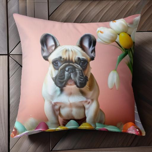 卵 フレンチブルドッグ 花 クッションカバー 45×45cm アニマル柄 おしゃれ 可愛い クッション本体付き ..