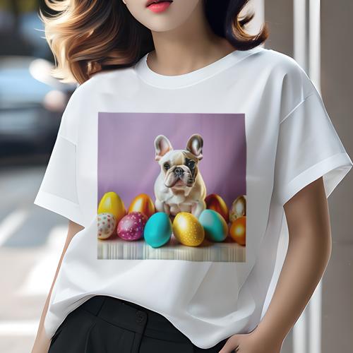 Tシャツ レディース 犬ファン 半袖 春夏 犬柄 プリント カジュアル かわいい 人間用 フィットネス ダンス イースターエッグ フレンチブルドッグ カラフル 紫の背景