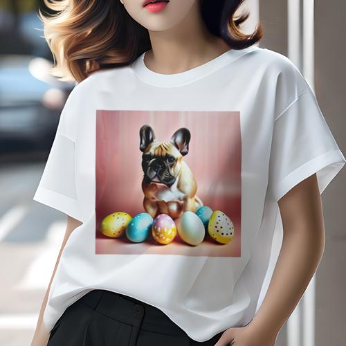 Tシャツ レディース 犬ファン 半袖 春夏 犬柄 プリント カジュアル かわいい 人間用 フィットネス ダンス イースターエッグ フレンチブルドッグ ピンクの背景