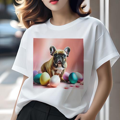 Tシャツ レディース 犬ファン 半袖 春夏 犬柄 プリント カジュアル かわいい 人間用 フィットネス ダンス カラフルな卵 フレンチブルドッグ ピンクの背景 春 Tシャツ レディース 犬ファン 半袖 春夏 犬柄 プリント カジュアル かわいい 人間用 フィットネス ダンス カラフルな卵 フレンチブルドッグ ピンクの背景 春