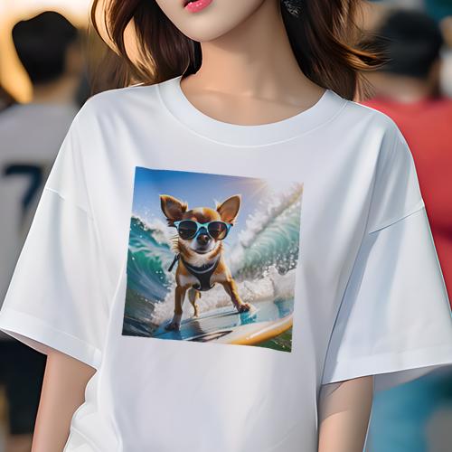 Tシャツ レディース 犬ファン 半袖 春夏 犬柄 プリント カジュアル かわいい 人間用 フィットネス ダンス サングラス チワワ サーフィン 波 ビーチ 太陽