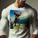 長袖Tシャツ 人間用 メンズ 秋春夏 プリント レジャー アウトドア カジュアル かわいい 犬ファン サーフボード チワワ サングラス 波 太陽 海
