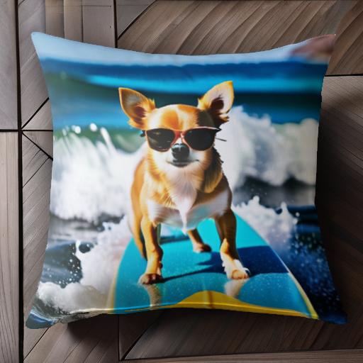 サングラス チワワ サーフボード 海 クッションカバー 45×45cm アニマル柄 おしゃれ 可愛い クッション本体付き 正方形 犬ファン