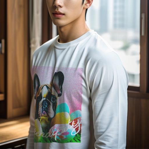 長袖Tシャツ 人間用 メンズ 秋春夏 プリント レジャー アウトドア カジュアル かわいい 犬ファン イースターエッグ フレンチブルドッグ 草 ピンクの背景