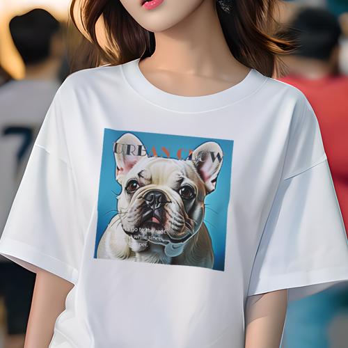Tシャツ レディース 犬ファン 半袖 春夏 犬柄 プリント カジュアル かわいい 人間用 フィットネス ダンス アート フレンチブルドッグ 青い背景