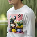 長袖Tシャツ 人間用 メンズ 秋春夏 プリント レジャー アウトドア カジュアル かわいい 犬ファン イースターエッグ フレンチブルドッグ チューリップ 花 バスケット 背景ピンク