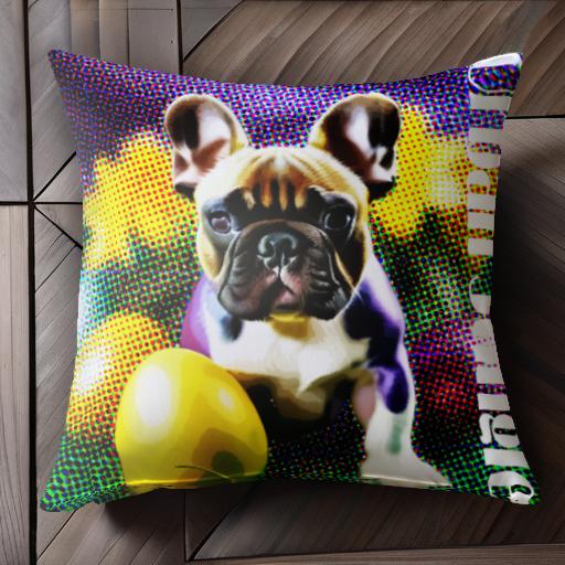 黄色い卵型のオブジェ フレンチブルドッグ 花 ドット背景 カラフルな背景 クッションカバー 45×45cm アニマル柄 おしゃれ 可愛い クッション本体付き 正方形 犬ファン