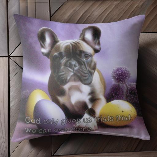 卵 フレンチブルドッグ 紫色の花 紫の背景 クッションカバー 45×45cm アニマル柄 おしゃれ 可愛い クッ..