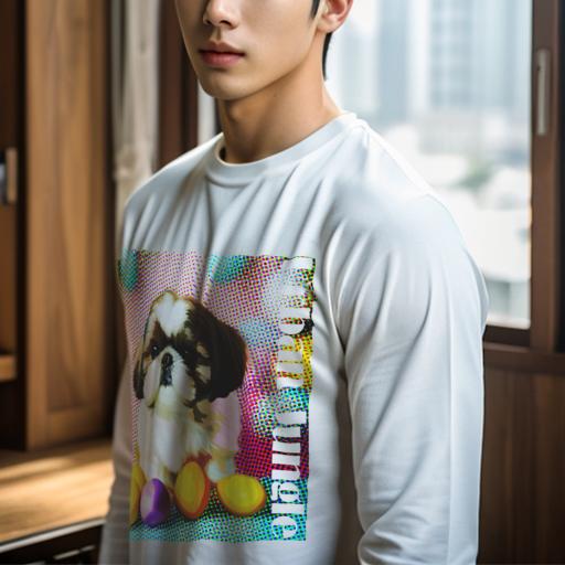 長袖Tシャツ 人間用 メンズ 秋春夏 プリント レジャー アウトドア カジュアル かわいい 犬ファン カラフルな卵 シーズー ポップアートスタイル