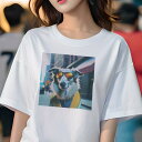 Tシャツ レディース 犬ファン 半袖 春夏 犬柄 プリント カジュアル かわいい 人間用 フィットネス ダンス サングラス ボーダーコリー 都市 道路 ファッション