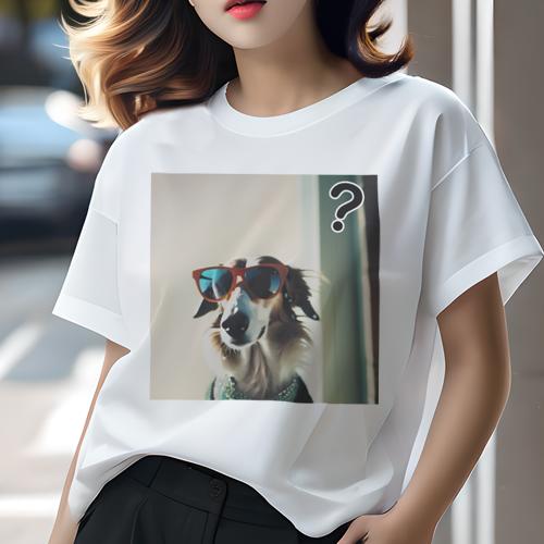 Tシャツ レディース 犬ファン 半袖 春夏 犬柄 プリント カジュアル かわいい 人間用 フィットネス ダンス サングラス サルーキ 質問マーク