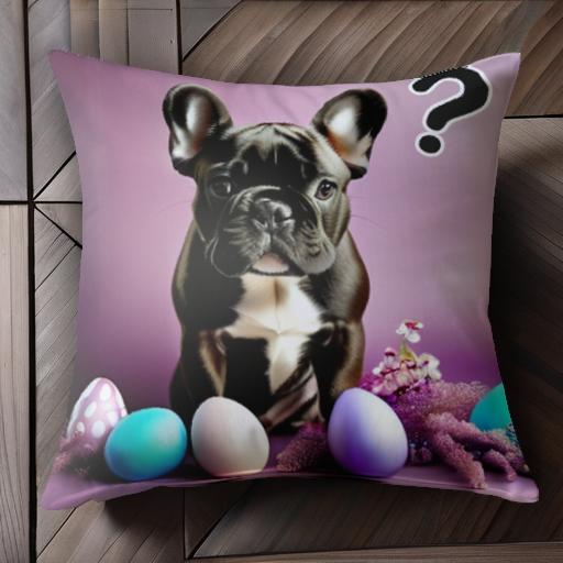 カラフルな卵 フレンチブルドッグ 紫の背景 小さな花 質問マーク クッションカバー 45×45cm アニマル柄 おしゃれ 可愛い クッション本体付き 正方形 犬ファン