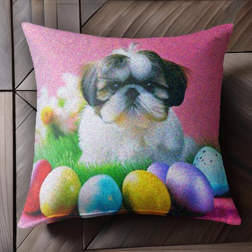 イースターエッグ シーズー 花 芝生 ピンクの背景 クッションカバー 45×45cm アニマル柄 おしゃれ 可愛..