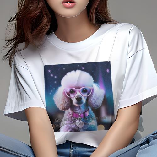 Tシャツ レディース 犬ファン 半袖 春夏 犬柄 プリント カジュアル かわいい 人間用 フィットネス ダンス メガネ プードル ピンクの首輪 夜空 星