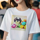 Tシャツ レディース 犬ファン 半袖 春夏 犬柄 プリント カジュアル かわいい 人間用 フィットネス ダンス イースターエッグ シーズー チューリップ 春