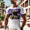 Tシャツ メンズ キッズ 犬ファン 半袖 春夏 犬柄 プリント カジュアル かわいい 人間用 フィットネス ダンス イースターエッグ フレンチブルドッグ チューリップ 紫の背景 紫色の布