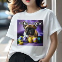 Tシャツ レディース 犬ファン 半袖 春夏 犬柄 プリント カジュアル かわいい 人間用 フィットネス ダンス イースターエッグ フレンチブルドッグ チューリップ 紫の背景 紫色の布
