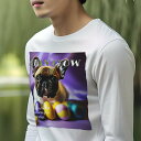 長袖Tシャツ 人間用 メンズ 秋春夏 プリント レジャー アウトドア カジュアル かわいい 犬ファン イースターエッグ フレンチブルドッグ チューリップ 紫の背景 紫色の布