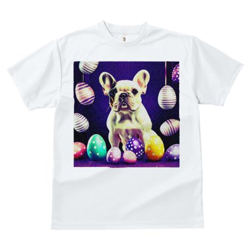 Tシャツ レディース 犬ファン 半袖 春夏 犬柄 プリント カジュアル かわいい 人間用 フィットネス ダンス イースターエッグ フレンチブルドッグ 紫背景 パステルカラー