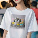 Tシャツ レディース 犬ファン 半袖 春夏 犬柄 プリント カジュアル かわいい 人間用 フィットネス ダンス 卵 シーズー 花 リボン(4)