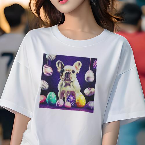 Tシャツ レディース 犬ファン 半袖 春夏 犬柄 プリント カジュアル かわいい 人間用 フィットネス ダンス イースターエッグ フレンチブルドッグ 紫背景 パステルカラー Tシャツ レディース 犬ファン 半袖 春夏 犬柄 プリント カジュアル かわいい 人間用 フィットネス ダンス イースターエッグ フレンチブルドッグ 紫背景 パステルカラー