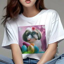 Tシャツ レディース 犬ファン 半袖 春夏 犬柄 プリント カジュアル かわいい 人間用 フィットネス ダンス たまご シーズー 花 ピンクの背景