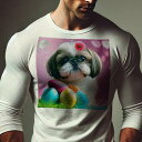 長袖Tシャツ 人間用 メンズ 秋春夏 プリント レジャー アウトドア カジュアル かわいい 犬ファン たまご シーズー 花 ピンクの背景