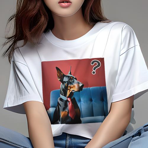 Tシャツ レディース 犬ファン 半袖 春夏 犬柄 プリント カジュアル かわいい 人間用 フィットネス ダンス ネクタイ ドーベルマン ソファ 赤い背景 疑問符 Tシャツ レディース 犬ファン 半袖 春夏 犬柄 プリント カジュアル かわいい 人間用 フィットネス ダンス ネクタイ ドーベルマン ソファ 赤い背景 疑問符