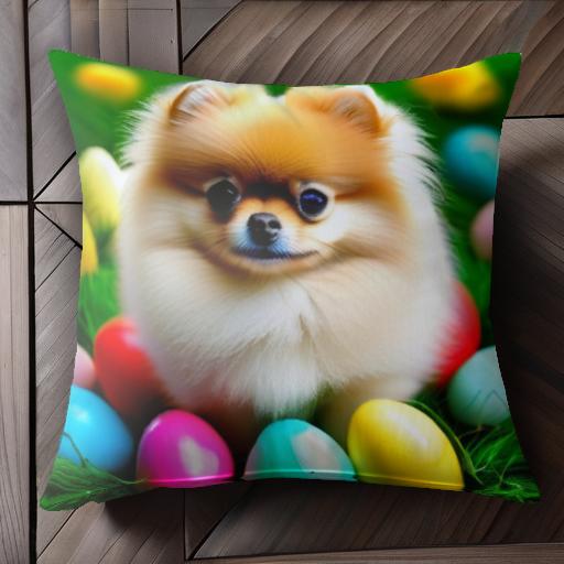 カラフルな卵 ポメラニアン 芝生 クッションカバー 45×45cm アニマル柄 おしゃれ 可愛い クッション本体付き 正方形 犬ファン