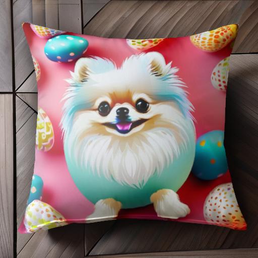 イースターエッグ ポメラニアン ピンクの背景 クッションカバー 45×45cm アニマル柄 おしゃれ 可愛い クッション本体付き 正方形 犬ファン