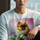 長袖Tシャツ 人間用 メンズ 秋春夏 プリント レジャー アウトドア カジュアル かわいい 犬ファン イースターエッグ ポメラニアン 花 ピンクの背景