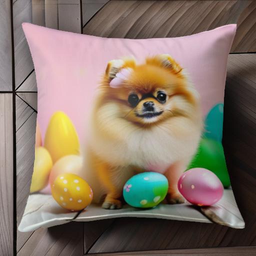 イースターエッグ ポメラニアン パステルカラー ピンクの背景 クッションカバー 45×45cm アニマル柄 おしゃれ 可愛い クッション本体付き 正方形 犬ファン