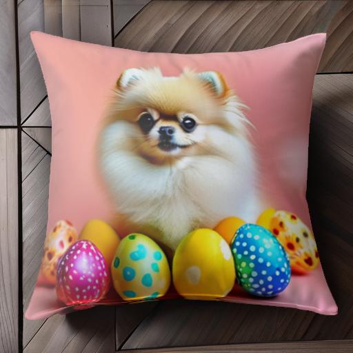 イースターエッグ ポメラニアン カラフル ピンクの背景 クッションカバー 45×45cm アニマル柄 おしゃれ 可愛い クッション本体付き 正方形 犬ファン