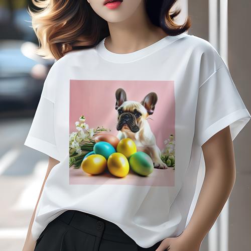 Tシャツ レディース 犬ファン 半袖 春夏 犬柄 プリント カジュアル かわいい 人間用 フィットネス ダンス イースターエッグ フレンチブルドッグ 花 ピンクの背景 Tシャツ レディース 犬ファン 半袖 春夏 犬柄 プリント カジュアル かわいい 人間用 フィットネス ダンス イースターエッグ フレンチブルドッグ 花 ピンクの背景